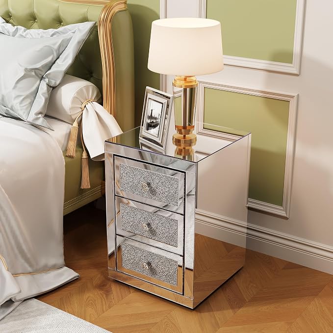 3-Drawer Mirrored Nightstand Bedside Table, Modern Mirrored End Side Table - Image 3