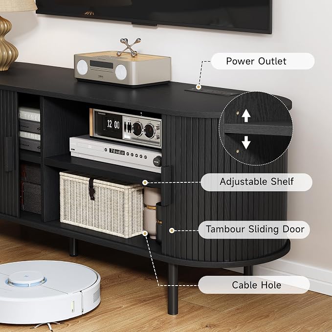 70.8" TV Stand with Power Outlet, Mid-Century Modern Television Stand, Fluted - Image 6
