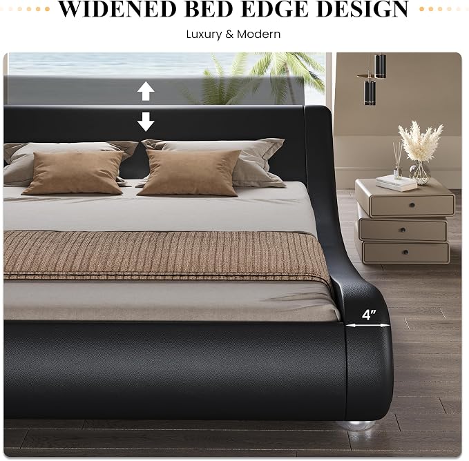 SHA CERLIN King Size Upholstered Bed Frame, Deluxe Low Profile Sleigh Bed - Image 7