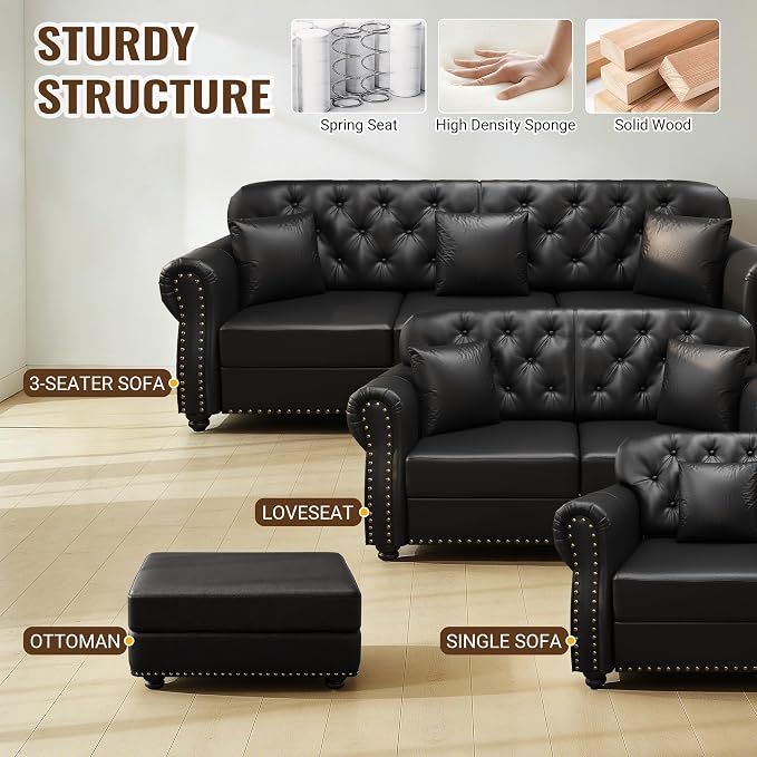 KEIKI 63" Faux Leather Chesterfield Sofa - Image 7