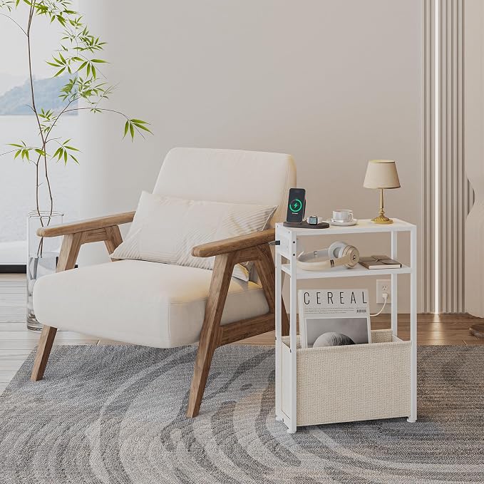 Leomonio White Side Table with Charging Station, Slim End Tables with Linen - Image 3