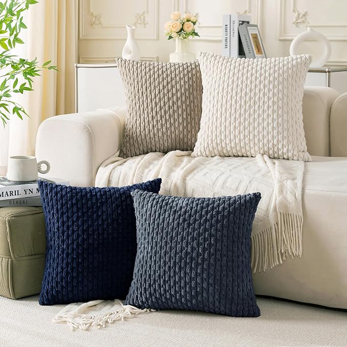 Set of 4 Navy White Taupe Decorative Throw Pillow Covers 22x22 Inch Corduroy by Cozoomy