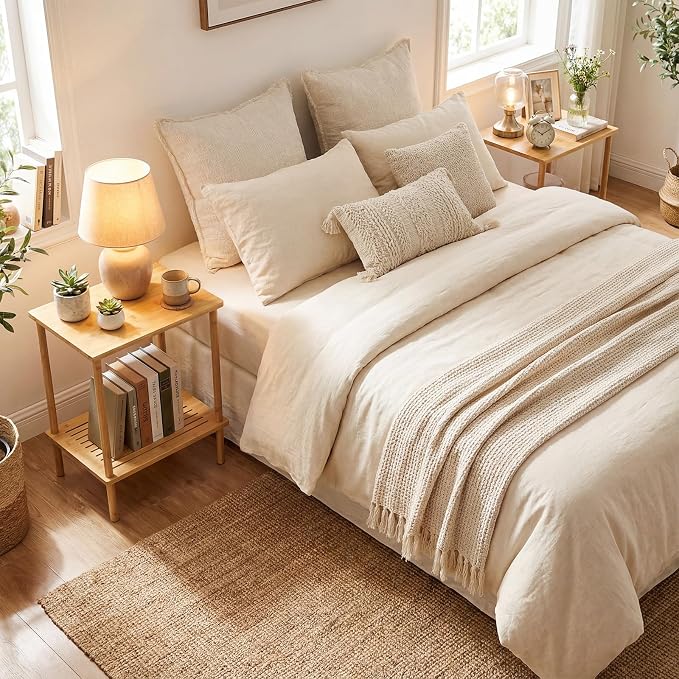 Giantex Bamboo Side Table Set of 2, 2-Tier Sofa End Bedside Table w/Storage - Image 9