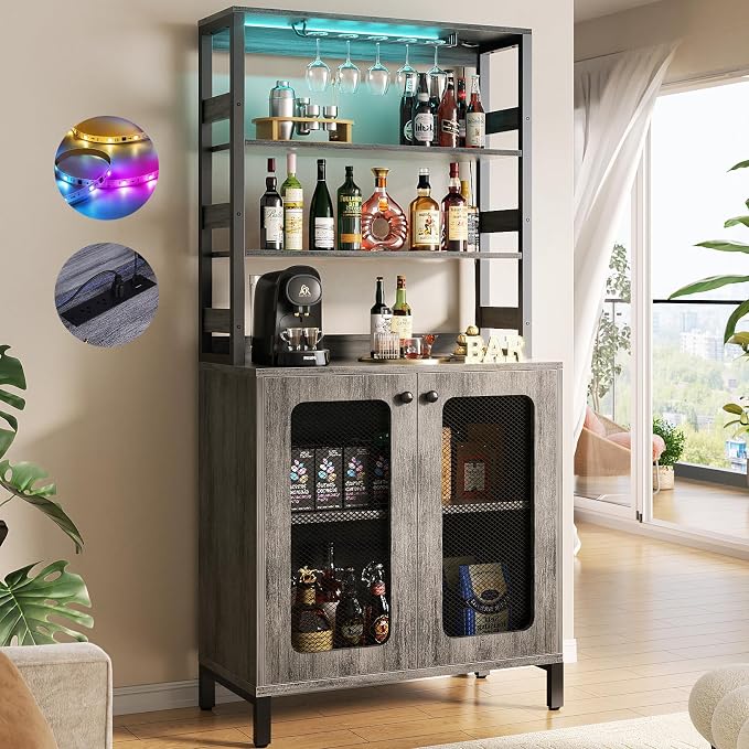Aheaplus Bar Cabinet with Power Outlets, Coffee Bar Station by Aheaplus