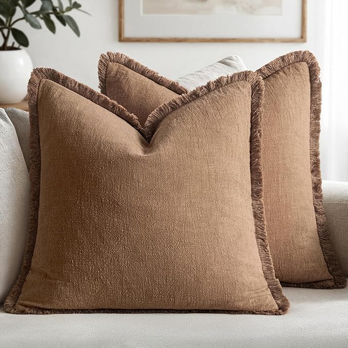 MIULEE Linen Fringe Decorative Fall Euro Throw Pillow Covers Brown 26x26 | Set by MIULEE