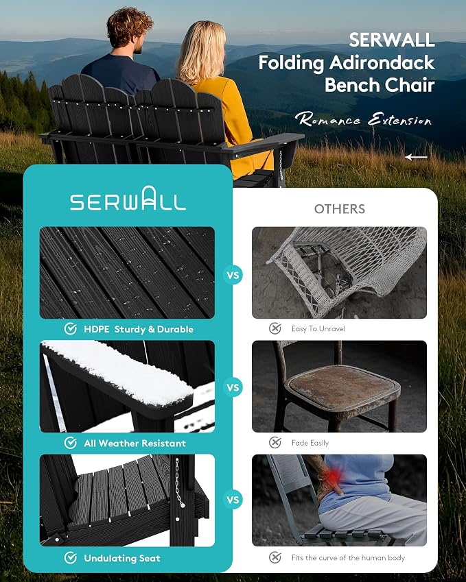 SERWALL Folding Adirondack Bench, HDPE All-Weather Adirondack Loveseat - Image 4