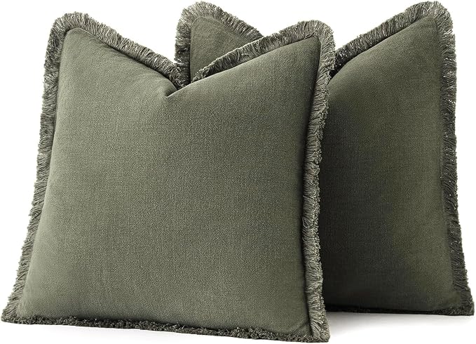 MIULEE Linen Fringe Decorative Euro Throw Pillow Covers Olive Green 24x24 | Set - Image 6