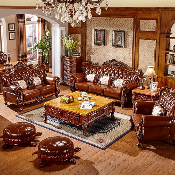 European-Style Leather Sofa, Solid Wood Carved High-end American-Style Sofa - Image 3
