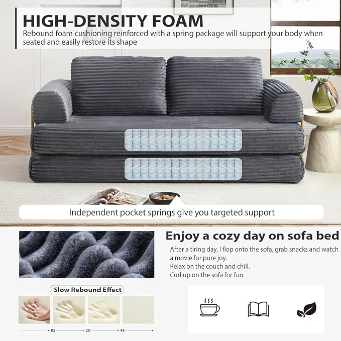 HANXIN 80 Inch Convertible Sleeper Sofa Bed, High Back Plush Corduroy Folding - Image 4