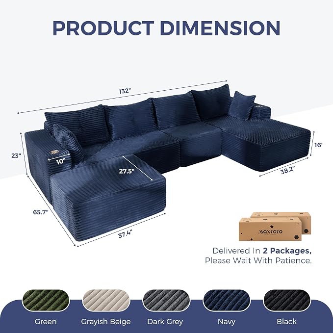 MAXYOYO 132" Giant U-Shaped Modular Sectional Couch, Modern Boneless Couch - Image 2
