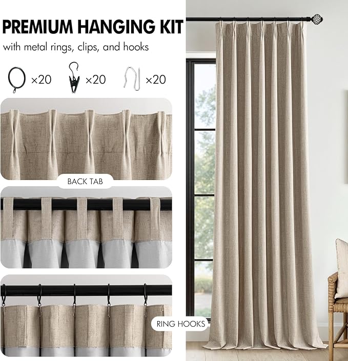 MIULEE Sand Pinch Pleated 100% Blackout Linen Curtains 40x108 Inches | Room - Image 8