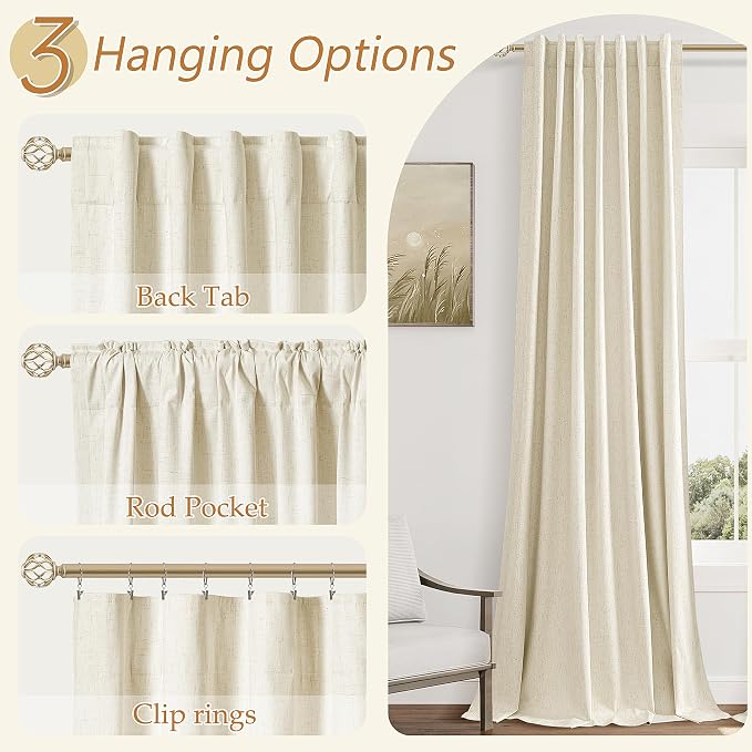 Warm Beige 100% Blackout Linen Curtains 102 Inch Length 2 Panels Set - Image 6