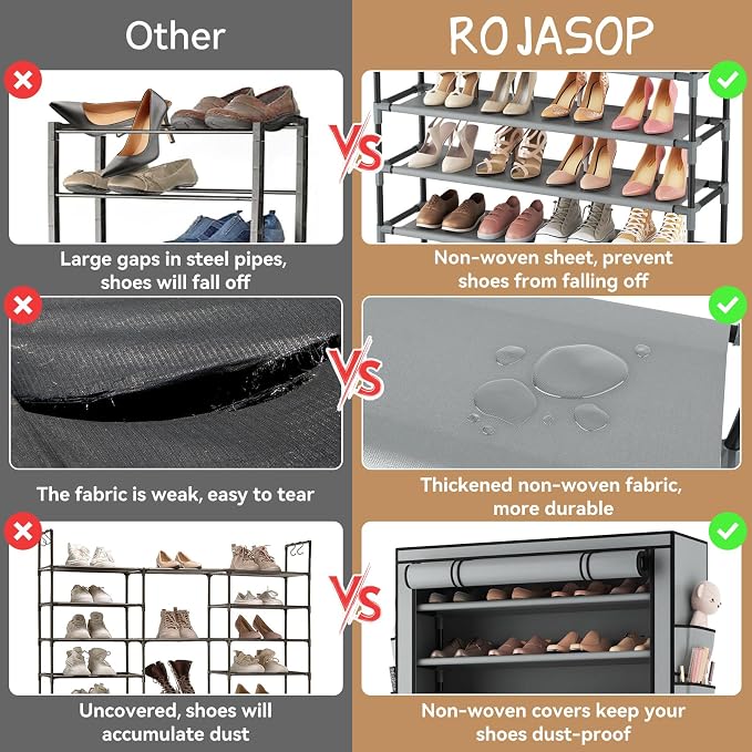 ROJASOP Shoe Rack with Covers, Stackable 10 Tier Tall Shoe Shelf Storage 50-55 - Image 6