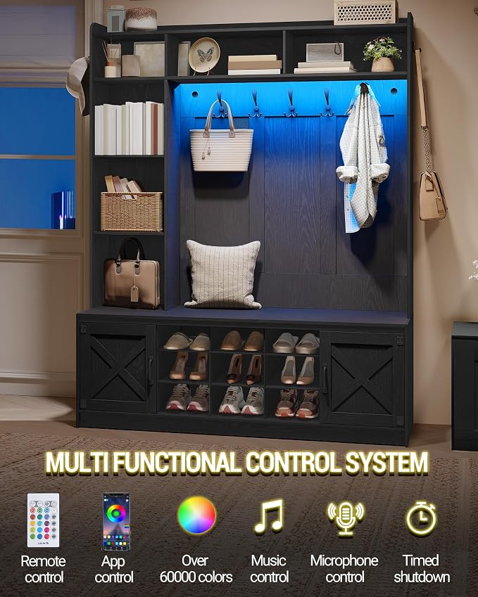 Hzuaneri 59.8" Hall Tree, LED Farmhouse Entryway Storage and Coat Rack Wood - Image 4