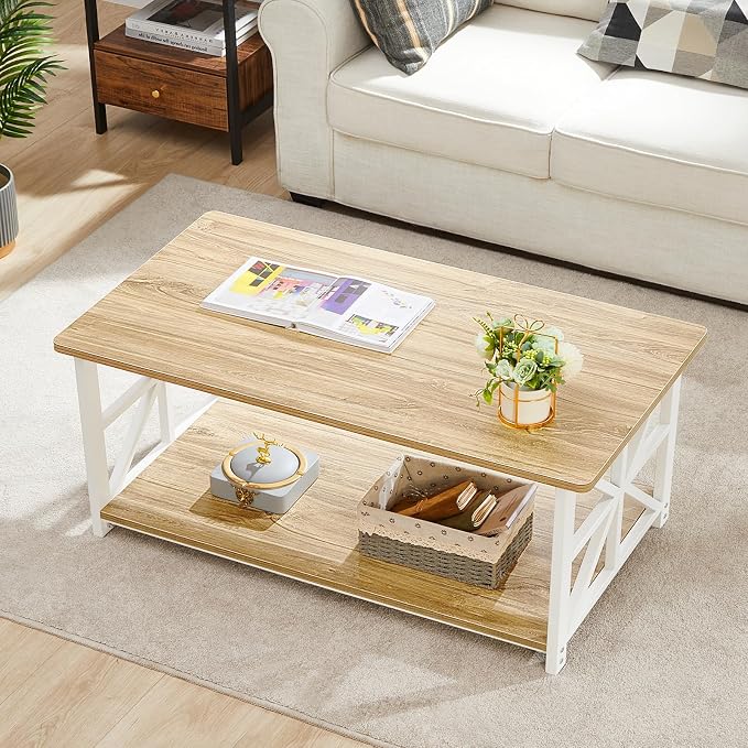 GreenForest Coffee Table with Round Corner, Farmhouse Center Table with 2-Tier - Image 9