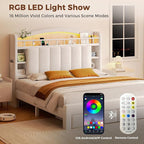 Queen Size Bed Frame with LED Storage Headboard & 2 Storage Drawers, Velvet - Image 7