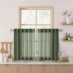 Olive Green Linen Curtains 30 Inch Length Short Kitchen, Semi Sheer Boho Cafe by Nanspring