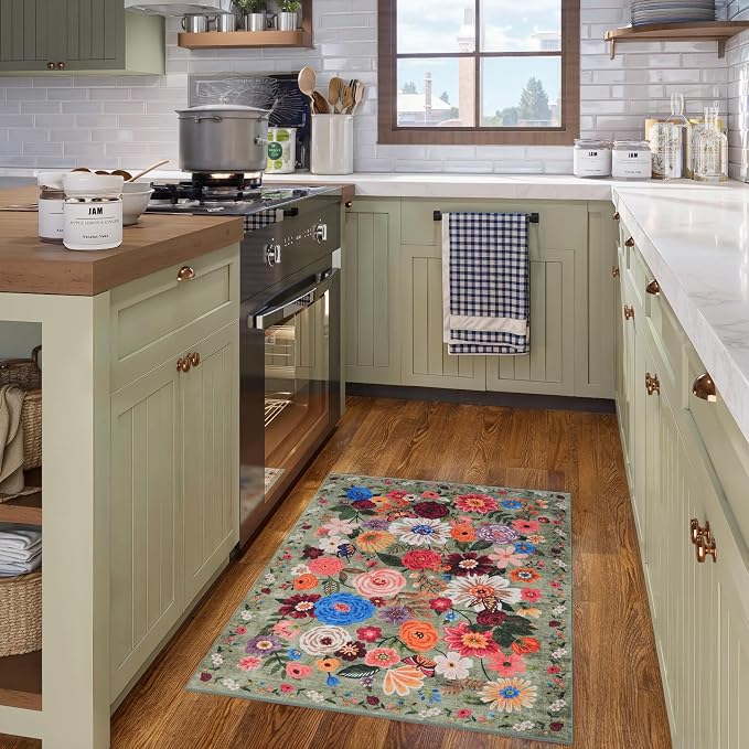 Green Floral Area Rug 2x3 for Entryway Bedroom Kitchen | Ultra-Thin;Boho - Image 4