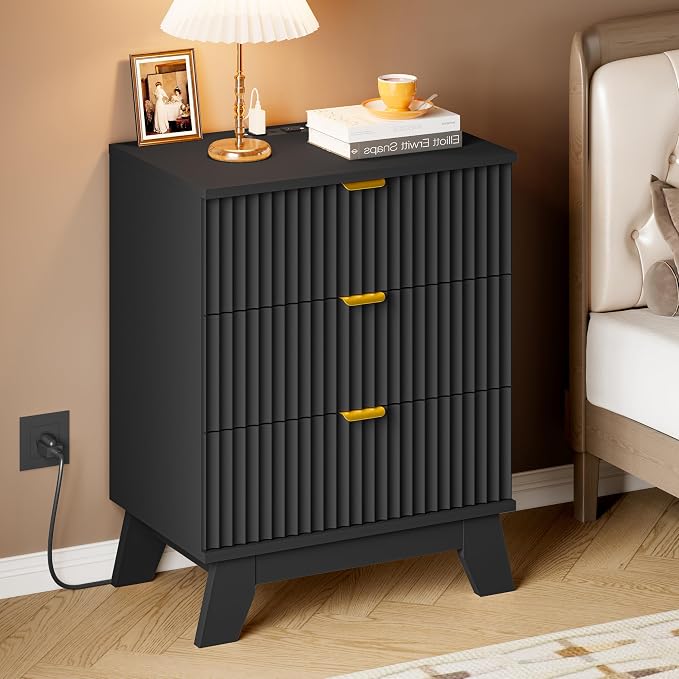 BORNOON 30.5" Nightstand with Charging Station, 3-Drawer Fluted Bedroom Chest - Image 6