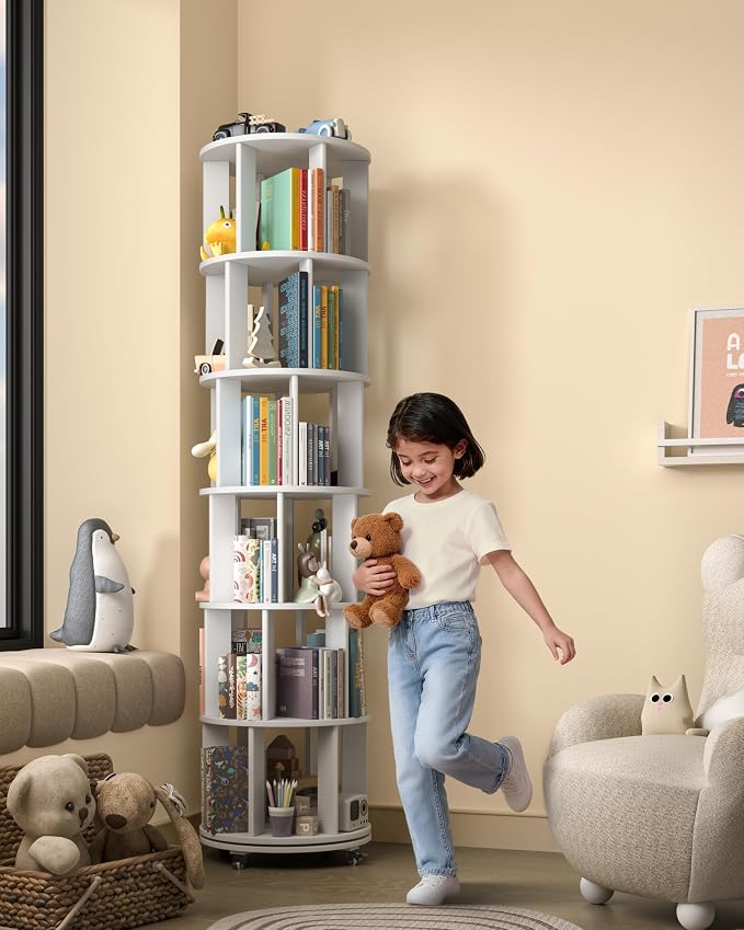 6-Tier Solid Wood Rotating Bookshelf on Wheels, 360° Spinning Book Shelf Tower - Image 8
