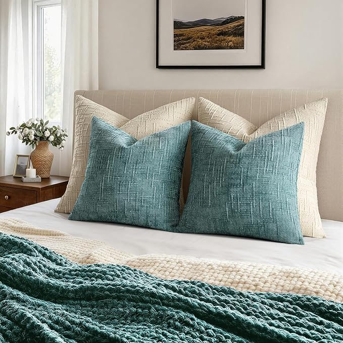 MIULEE Chenille Textured Throw Pillow Covers Teal 18x18 Set of 2 | Slubby - Image 5