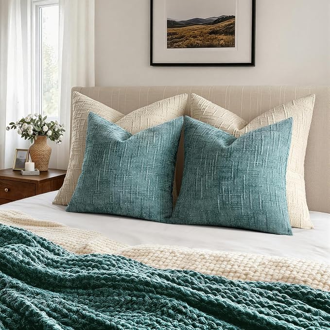 MIULEE Chenille Textured Throw Pillow Covers Teal 20x20 Set of 2 | Slubby - Image 5