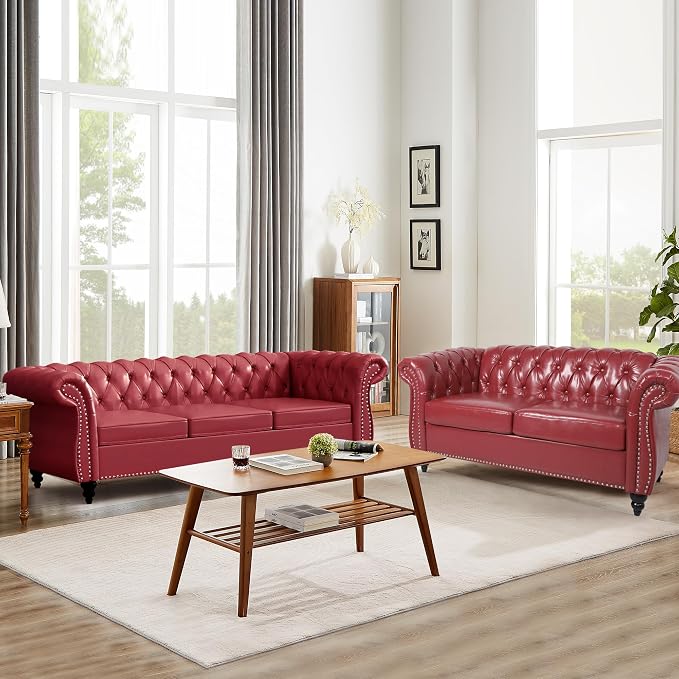 AVZEAR Chesterfield Leather Sofa 3 Seater Couch, Mid-Century Large Sofa Roll - Image 6