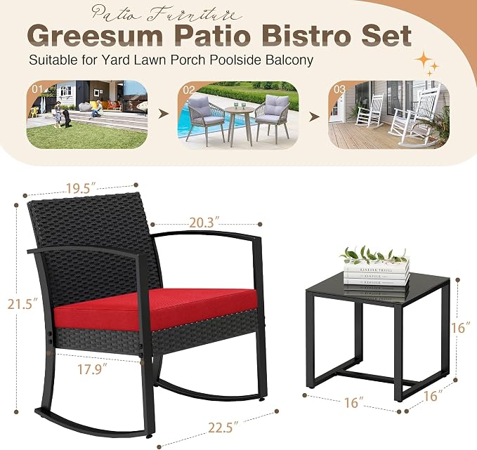 Greesum 3 Piece Outdoor Bistro Set, Imitation Rattan Conversation Set, Patio - Image 7