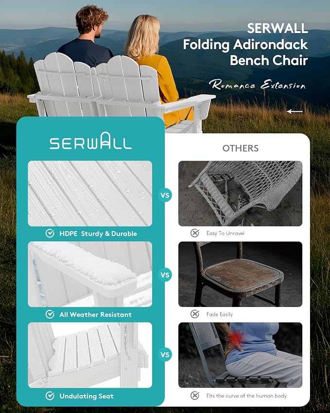 SERWALL Folding Adirondack Bench, HDPE All-Weather Adirondack Loveseat - Image 5