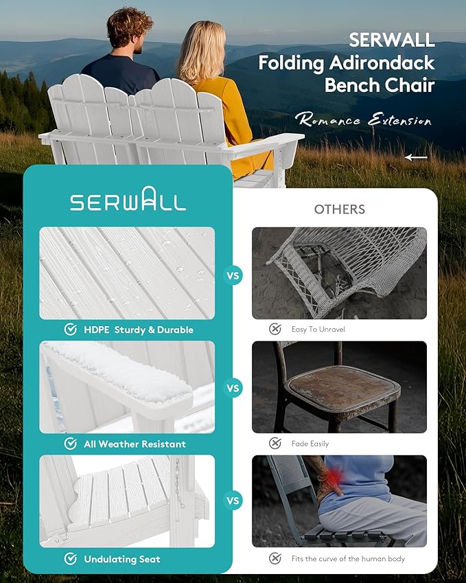 SERWALL Folding Adirondack Bench Set of 2, HDPE All-Weather Adirondack Loveseat - Image 5