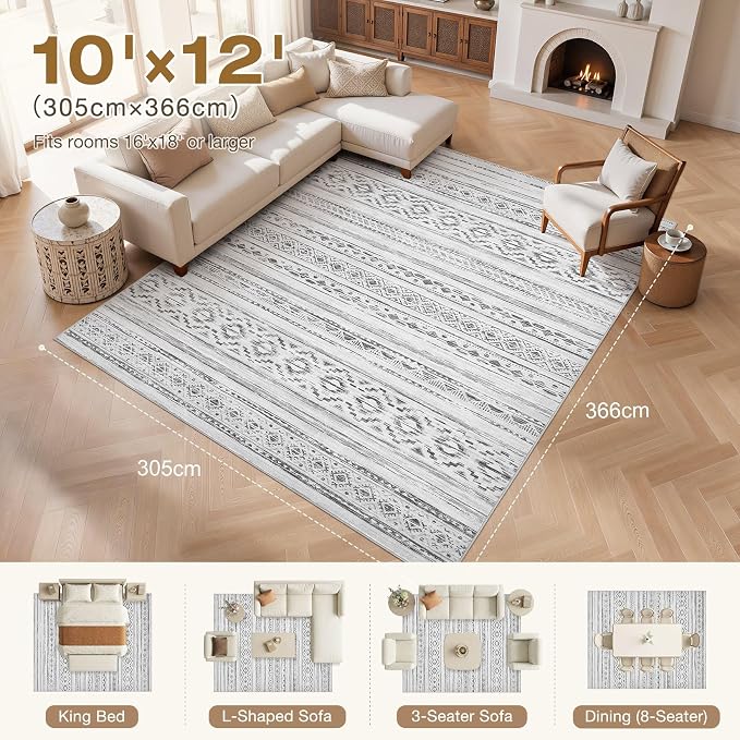 cotiled Boho 10x12 Area Rug for Living Room: Large Moroccan Washable Rug | - Image 8