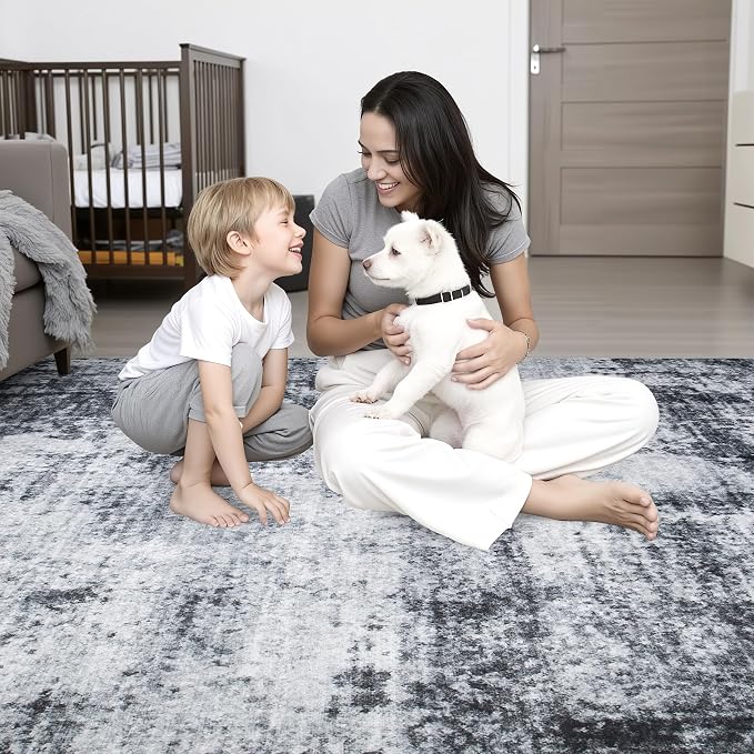 Area Rug Living Room: 4x6 Modern Washable Soft Carpet Dark Black | - Image 7