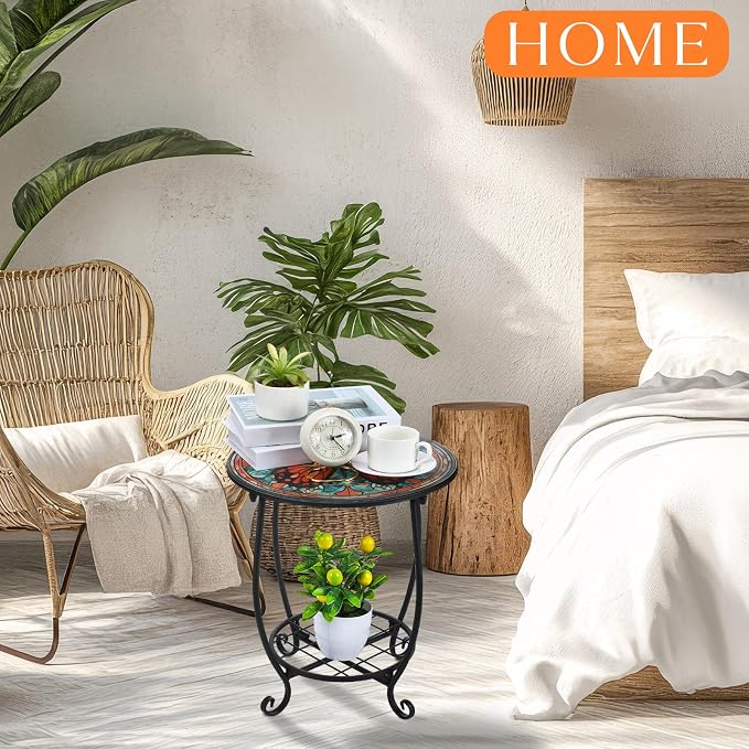 Cinnvoice Outdoor Side Table Round Small Mosaic Patio Accent Indoor End Plant - Image 6