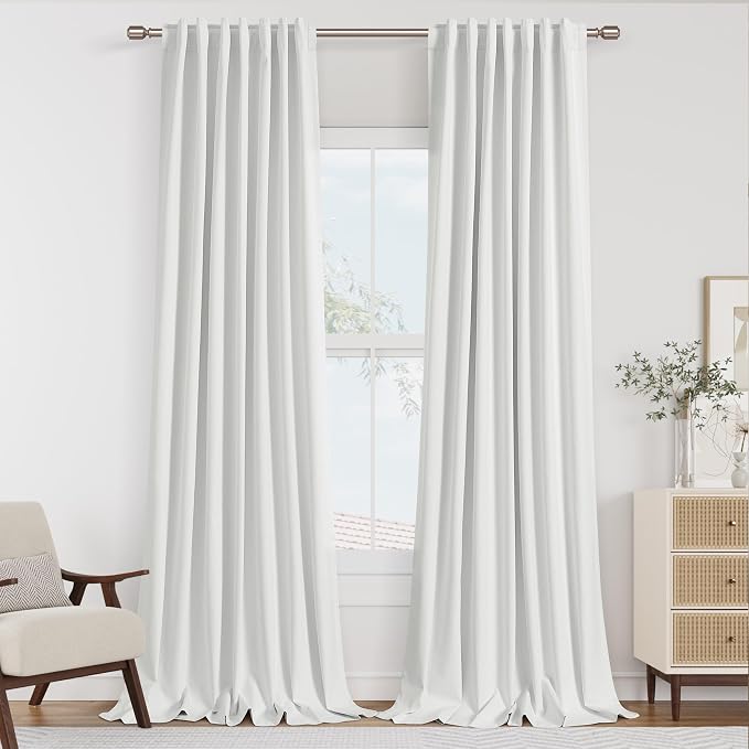 White 100% Blackout Linen Curtains 90 Inch Length 2 Panels Set by Guken