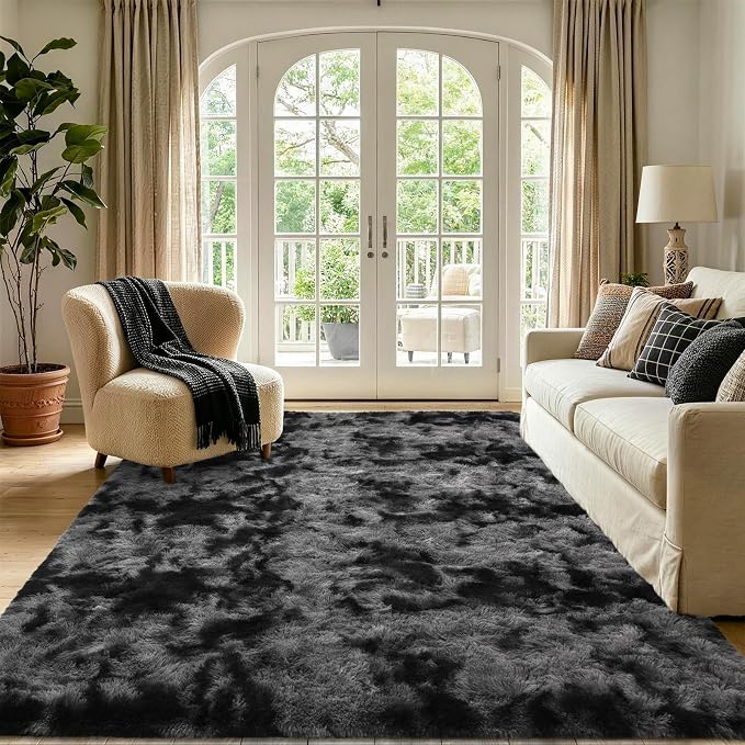 5x7 Tie-Dyed Dark Grey Fluffy Area Rug Non-Slip - Image 2
