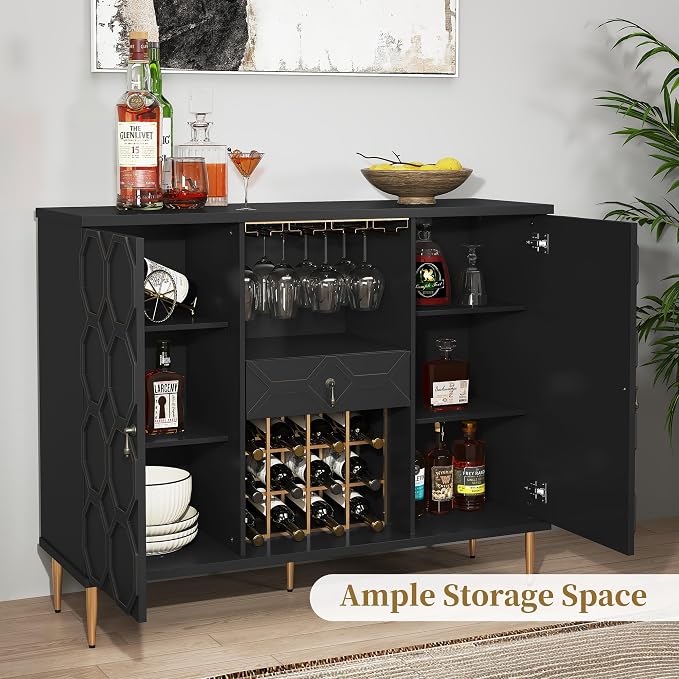 Modern Bar Cabinet with Drawer, Liquor Cabinet with Wine Glass Racks and Shelves - Image 3