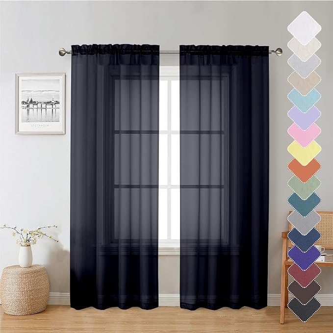 Black Sheer Curtain Panels 72 Inch Length, Light Filtering Window Curtain by Lecloud