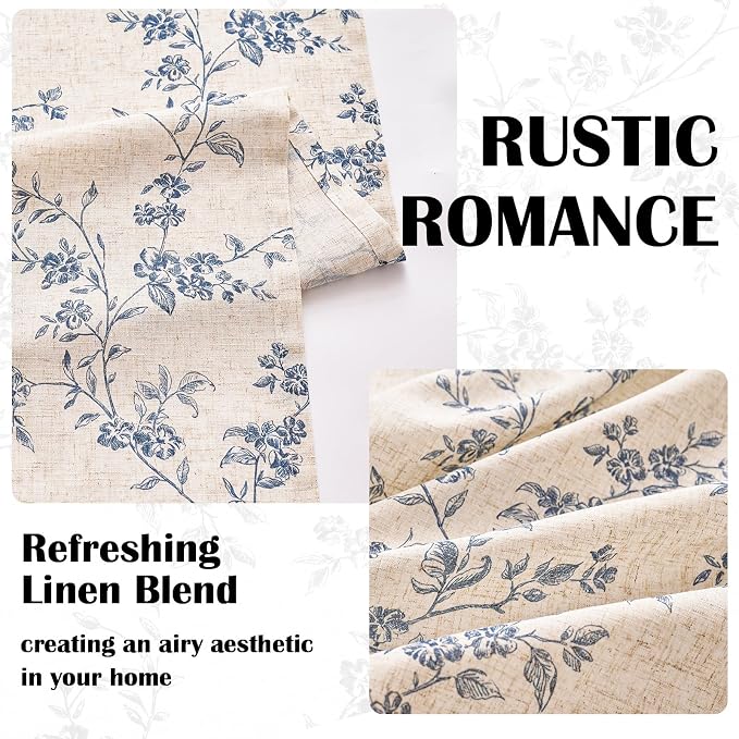 Extra Long Blue Vintage Floral Linen Curtains Farmhouse 2 Panels | Elisa - Image 4