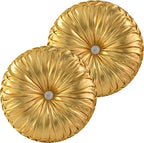 HIG Set of 2 Gold Metallic Leather Decorative Round Pleated Throw Pillows | - Image 2