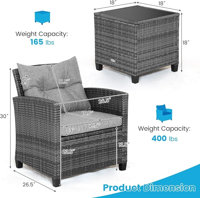 HAPPYGRILL 3 Pieces Patio Conversation Set, Outdoor Furniture Set PE Rattan - Image 9