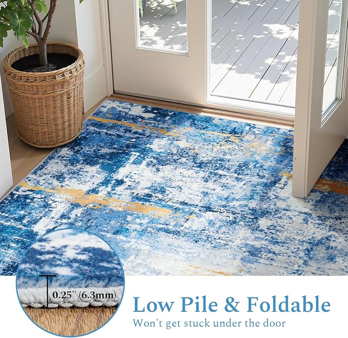 Rugflix 8x10 Area Rugs for Living Room, Washable Sky Blue Gold Large Rug | - Image 5