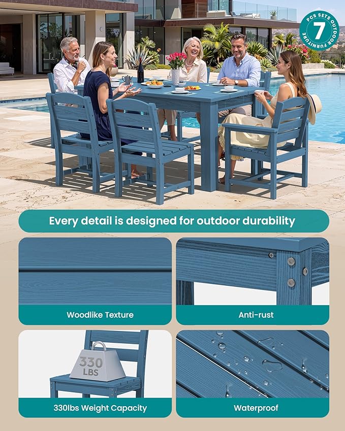 SERWALL HDPE Dining Set for 6: 1 Umbrella Hole Table, 4 Armless + 2 Armchairs. - Image 2