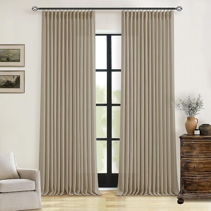 Grey Beige Pinch Pleated Semi Sheer Linen Curtains 92 Inches Long 2 Panel | - Image 9