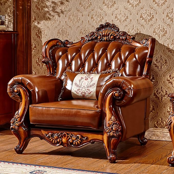 European-Style Leather Sofa, Solid Wood Carved High-end American-Style Sofa by Unknown