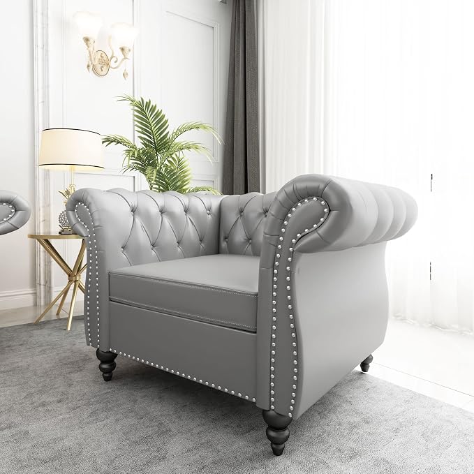 ORRD 2 Piece Living Room Set, Chesterfield Leather Sofa Loveseat Couch Chair - Image 6