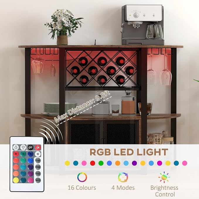 HOMCOM Wine Bar Cabinet with Charging Station and LED Lights, Industrial Liquor - Image 4