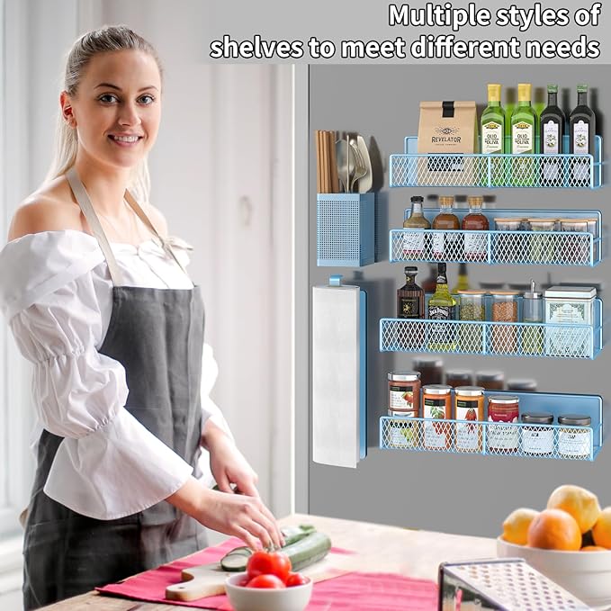 Magnetic Spice Rack for Refrigerator, 6 Pack Metal Magnetic Shelf Blue - Image 6