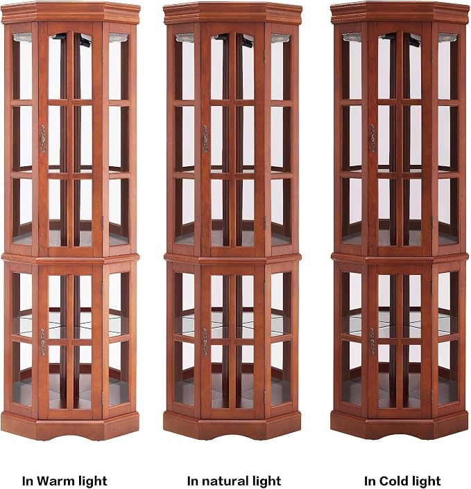 Corner Curio Cabinet with Lighting System, Adjustable Tempered Glass Shelves - Image 3