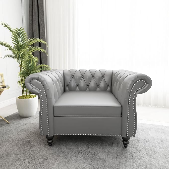 ORRD 2 Piece Living Room Set, Chesterfield Leather Sofa Loveseat Couch Chair - Image 5