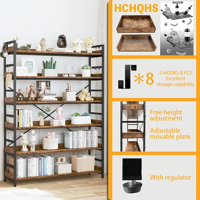 HCHQHS 6 Tier Bookshelf, Adjustable Industrial Bookcase, Vertical Tall Book - Image 5